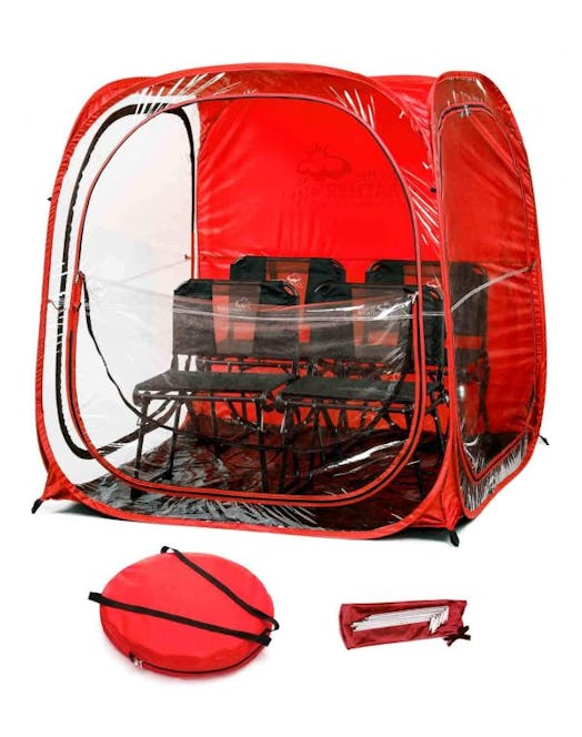 A red waterproof pod designed for entire groups of people, and four chairs in the pod