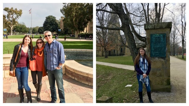 A two-part collage: Parents with their teen daughter visiting college campus; A teen girl standing a...