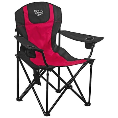 A black heated folding chair with accents of red