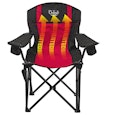 A red-black heated folding chair with yellow arrows present the heat paths of the chair