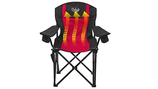 A red-black heated folding chair with yellow arrows present the heat paths of the chair