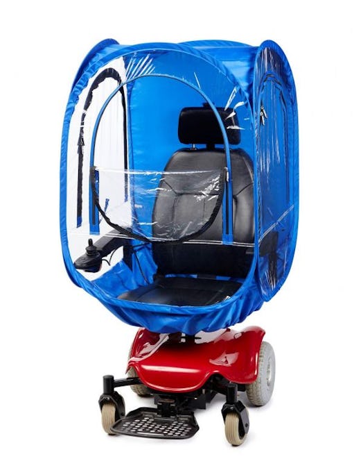 A blue pod that is designed for wheelchair users attached to a wheelchair