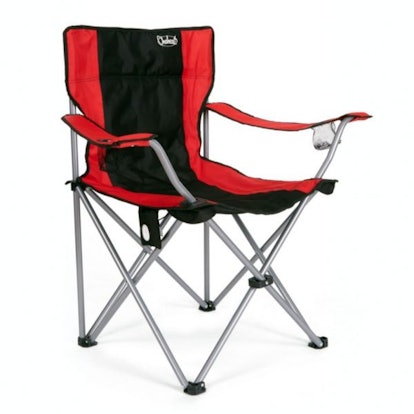 A red heated folding chair with accents of black