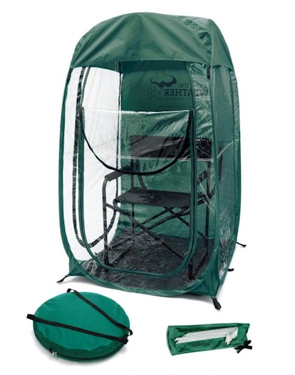 A green water and wind resistant polyester pod