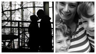 A two-part collage of Katie Pettigrew kissing her husband and taking a selfie with their sons after ...