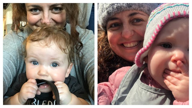 A two-part collage with Mariela Azucy holding her baby and smiling