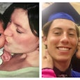 Joylynn Brown kissing her baby child and her with the same child as a high school senior