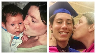 Joylynn Brown kissing her baby child and her with the same child as a high school senior