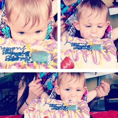 A three-part photo collage of a baby biting into a birthday cake in white/yellow/lilac/navy