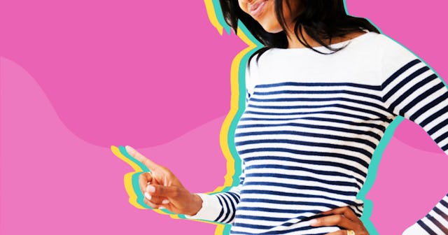A collage of a woman in a white and black striped sweater who is nagging with finger pointing moveme...