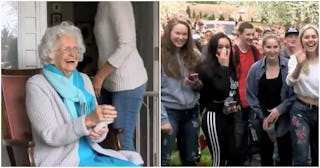 An elderly woman wearing blue and white clothes smiling while waving to students who are paying a mo...