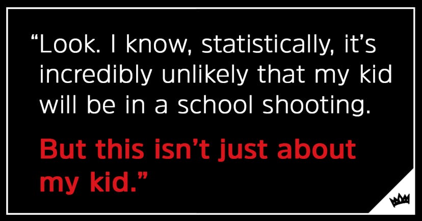 Quote about a school shooting on a black background with white and red letters and a Scary Mommy log...