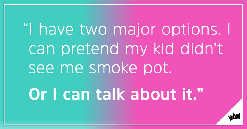 A quote about kids seeing parents smoke pot on a teal and pink background.