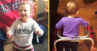 A two-part collage of a toddler wearing a white shirt and smiling and her wearing a purple shirt and...