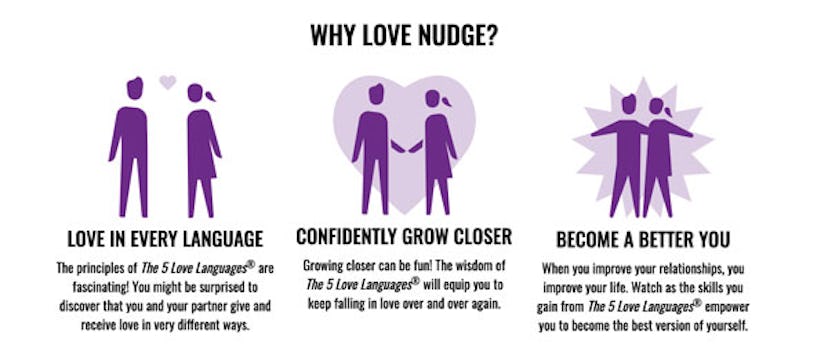 Advertising for the app Love Nudge explaining how it can help you in a relationship.