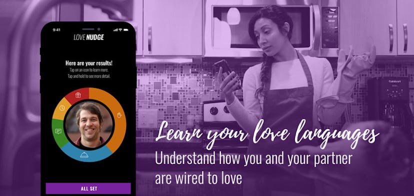 Purple poster for the app Love Nudge that's perfect for helping couples in relationships.
