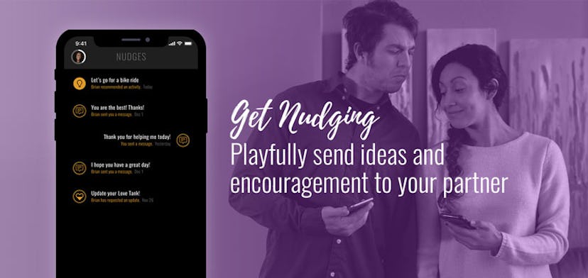 Purple poster for the app Love Nudge that's perfect for helping couples in relationships.