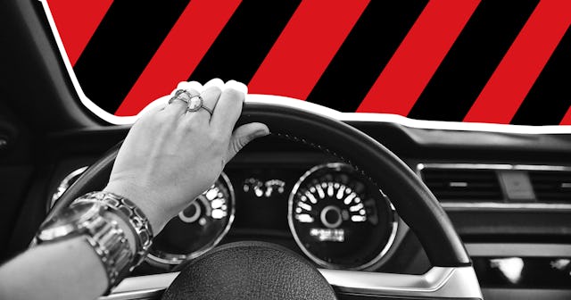 A woman's hand with bracelets and rings holding a car wheel in black and white; the background is re...