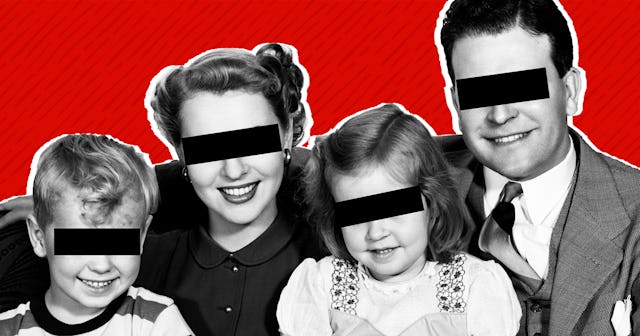 A two-parent family with a son and daughter, all have their eyes covered with black rectangles