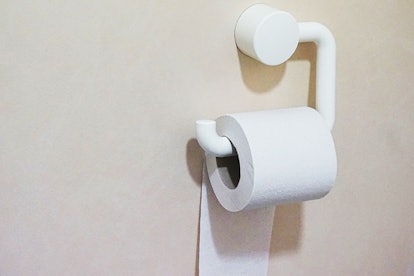 A close-up of a toilet paper roll on a white hanger on a beige wall representing postpartum incontin...