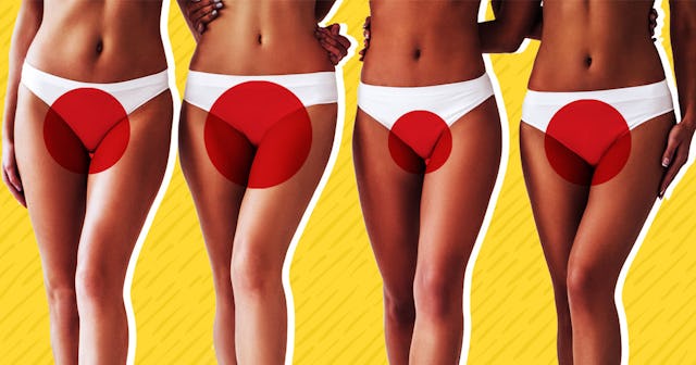 4 women from their waist down in white underwear with 4 red circles symbolizing periods