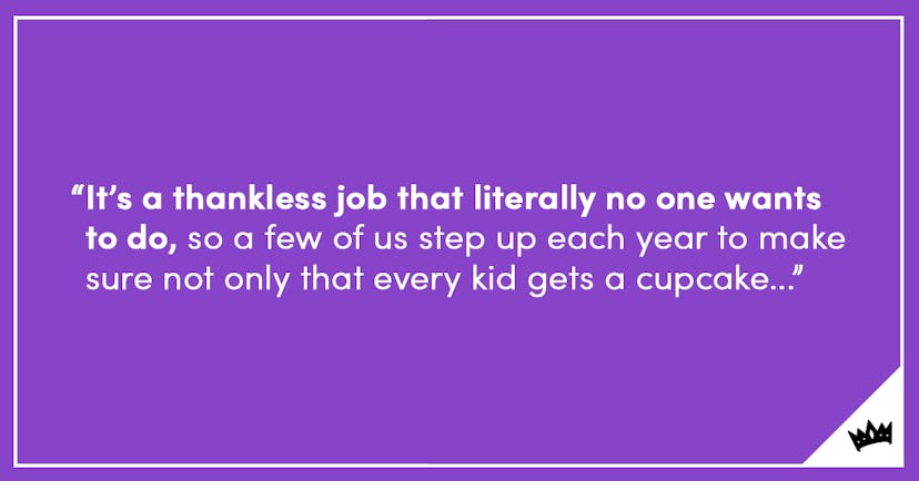 Quote about a thankless job on a purple background with white letters and a Scary Mommy logo in the ...