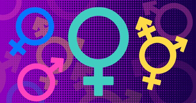 Various multi-colored gender labels on a purple background