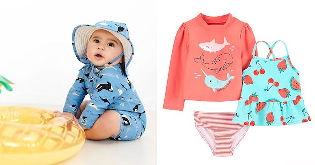 A two-part collage with baby in a UV protection baby swimsuit, and Simple Joys by Carter's Baby Swim...
