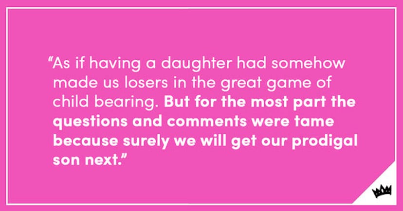 A quote about parents who have daughters being asked about trying for a boy