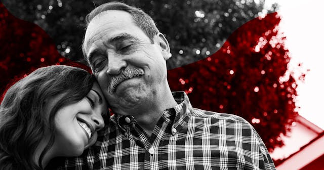 A woman hugging her father with whom she has a complicated relationship