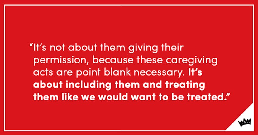 A quote about asking baby's permission before diaper changes on a red background with Scary Mommy's ...