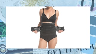 A woman in a black bra, and underwear, strapping on a waist trainer
