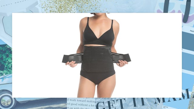 A woman in a black bra, and underwear, strapping on a waist trainer