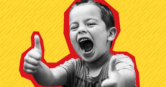 An impulsive ADHD kid holding his thumbs up while with his mouth wide open
