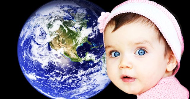 A blue-eyed baby in a pink shirt and a pink knit headband next to the image of planet Earth