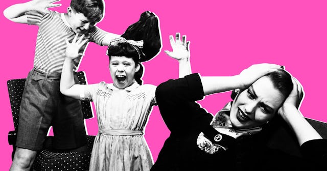 Cutout of two kids play fighting next to a mother holding her head stressed because of motherhood