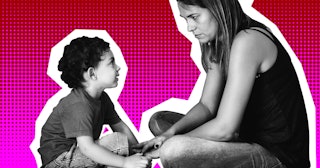 A mother and a son sitting and talking with a white-pink collage background