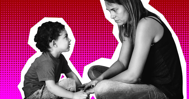 A mother and a son sitting and talking with a white-pink collage background