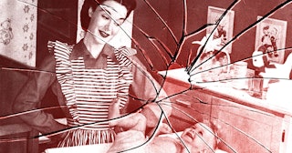 Red and white filter over woman experiencing postpartum and a baby with a shattered glass effect