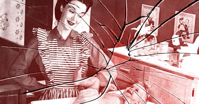 Red and white filter over woman experiencing postpartum and a baby with a shattered glass effect