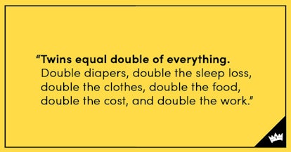 Quote about twins written on a yellow background with the scary mommy logo in the corner