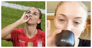 Alex Morgan pretending to sip tea during a football match on the left, Sophie Turner sipping actual ...