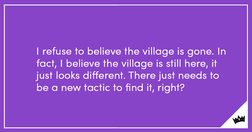 A quote about finding a village on a purple-colored poster with the Scary Mommy logo in the lower-ri...