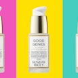 Three bottles of Sunday Riley's Good Genes All-In-One Lactic Acid Treatment with pink, yellow and gr...
