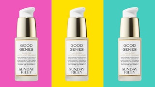 Three bottles of Sunday Riley's Good Genes All-In-One Lactic Acid Treatment with pink, yellow and gr...