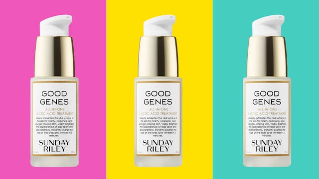 Three bottles of Sunday Riley's Good Genes All-In-One Lactic Acid Treatment with pink, yellow and gr...