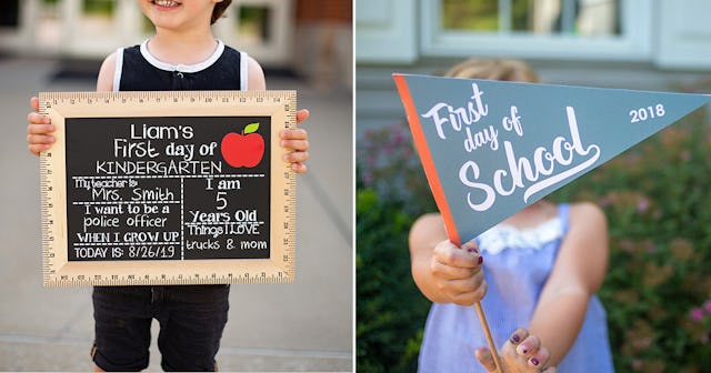 First graders holding BloomOwl Day of School Chalkboard and First Day of School Pennants signs for t...