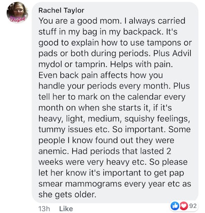 A heartfelt Facebook comment applauding the mother's prep pack idea