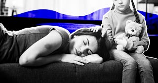 A daughter holding hand on her mothers' head while she sleeps, being the parent to her parent