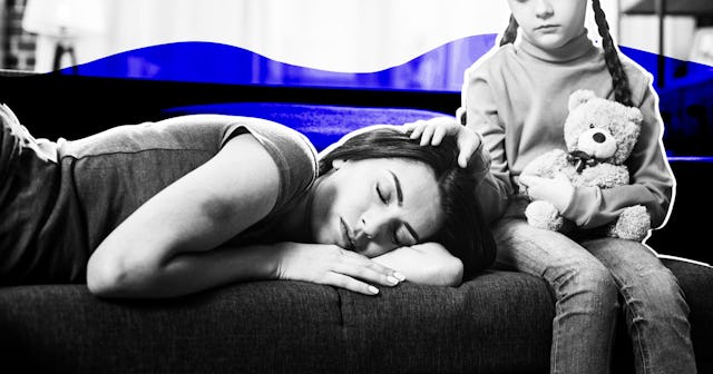 A daughter holding hand on her mothers' head while she sleeps, being the parent to her parent